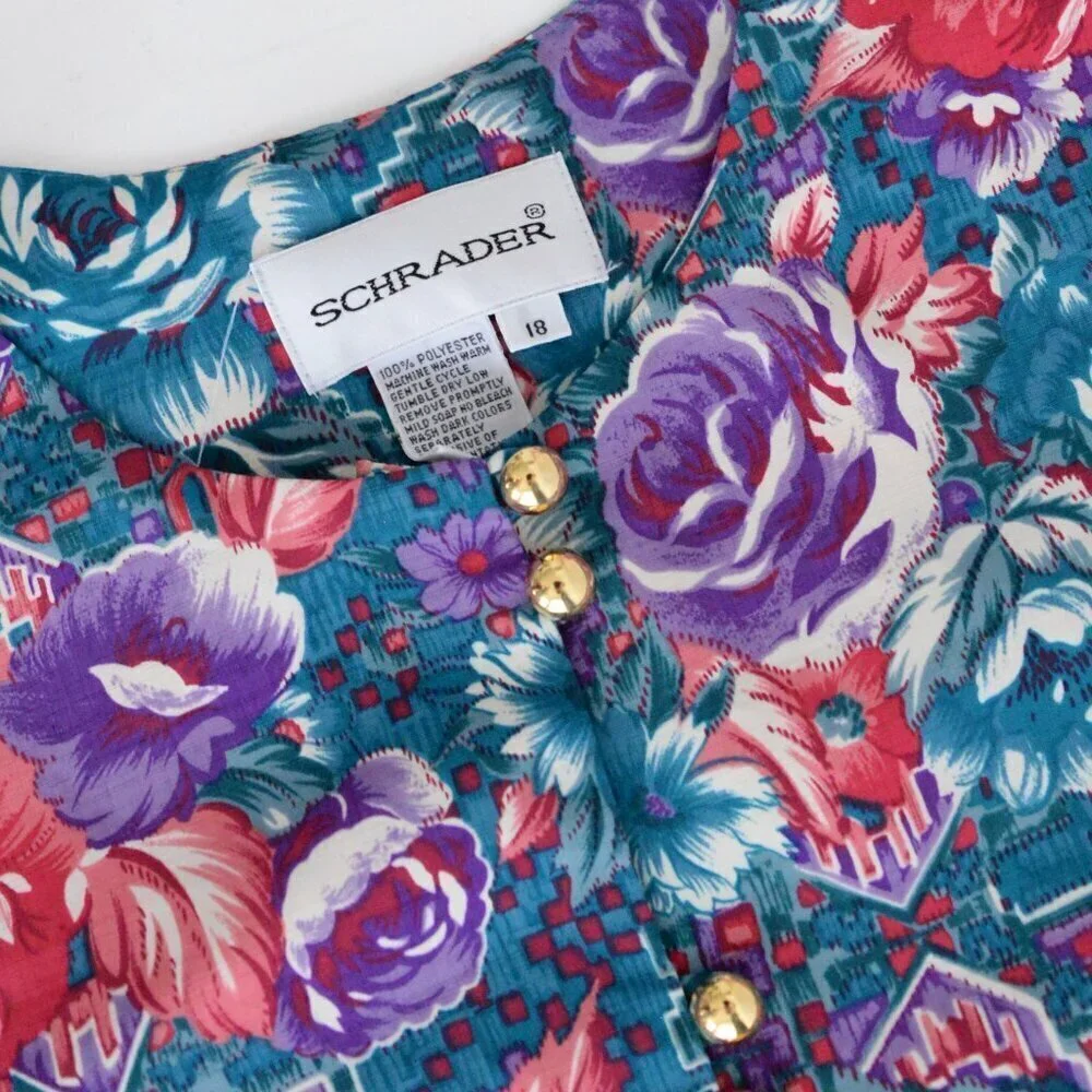 Vintage Schrader Teal Purple Floral Button Front Pleated Maxi Retro 80s Dress 18 - Picture 14 of 14